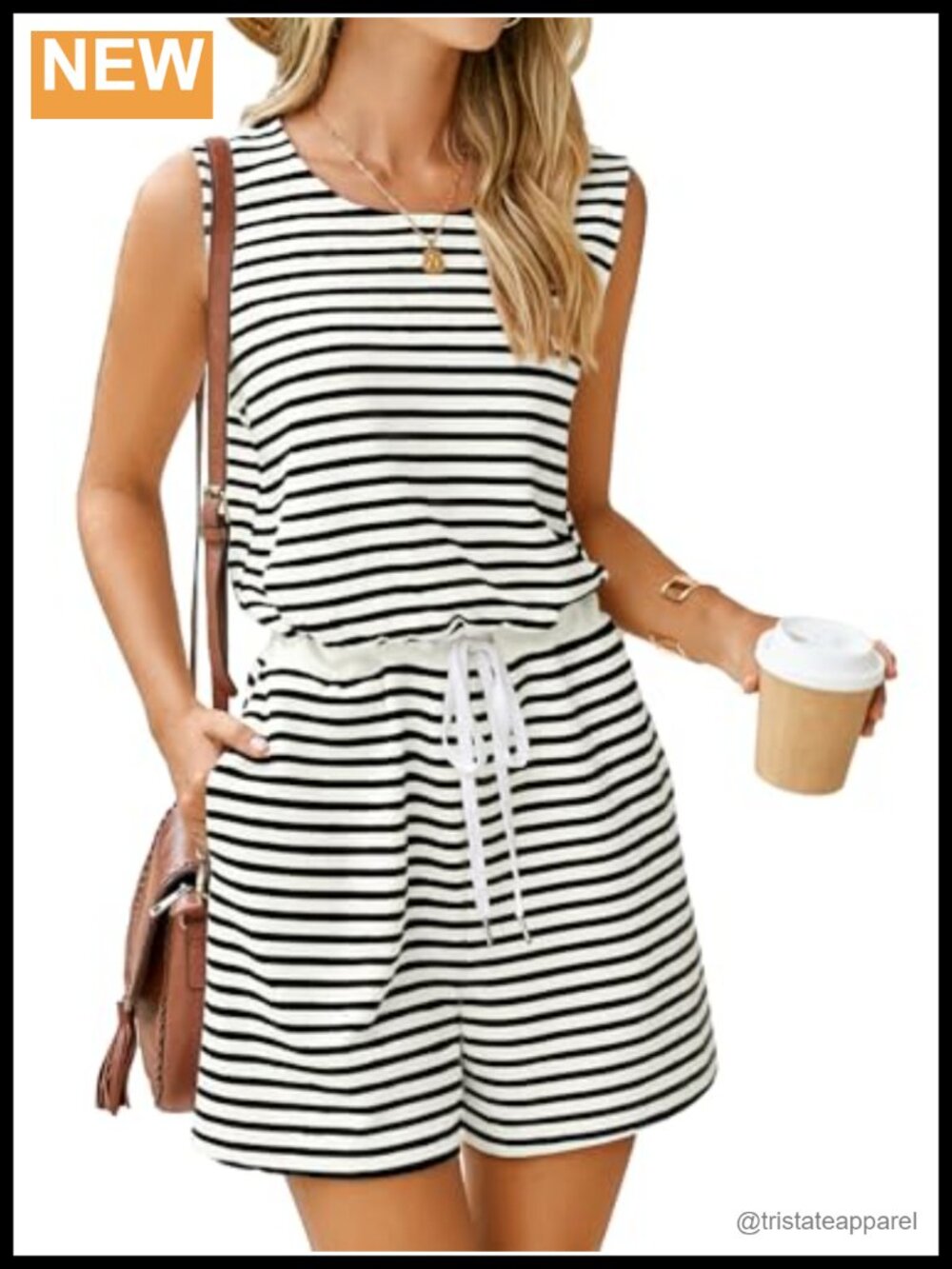 Sleeveless Striped Romper Drawstring Open Back Short Jumpsuit Beach